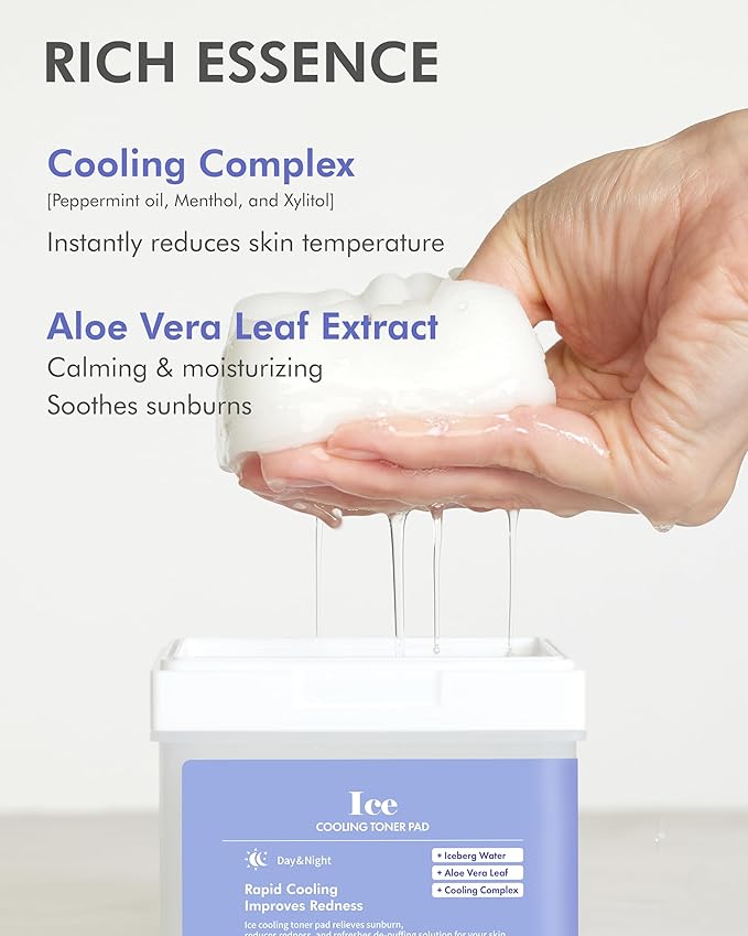 DERMAL Ice Cooling Toner Pad - Korean Soothing & Hydrating Toner Pads with Aloe Vera - After Suncare, Sunburn Relief, Redness Relief - Vegan Square, High Capacity, 120 Pads