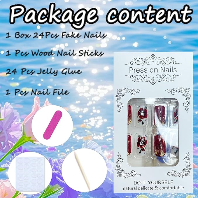 24Pcs Red Flower Press on Nails Medium Square Fake Nails Gold Floral Leaf False Nails with Rhinestones Glossy Design Summer Artificial Nails Full Cover Glue on Nails for Women DIY Acrylic Nails Kit