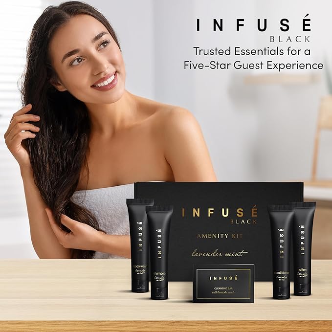 Infuse Black Amenity Kit | Boxed Hotel Toiletries | Bulk Set 1 oz Travel Size Shampoo, Conditioner, Lotion, Body Wash & Cleansing Bar for Guest Hospitality Hotel/Vacation Rentals | 300 Pieces