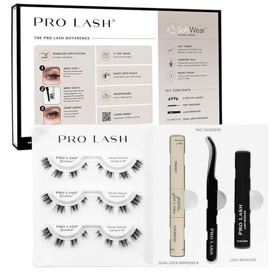 Pro Lash SoftWear Starter Lash Clusters Kit - Seamless, Lightweight Lashes - 7-Day - 3 Sets of False Eyelashes Plus Adhesive, Remover, Tweezers - Volume Textured Cat Eye No. 09 Black