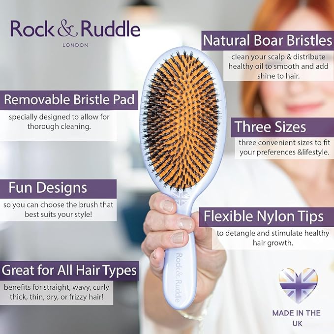 Rock & Ruddle Natural Mixed Boar Bristle Hair Brush for Women and Kids (Large, 21cm) - Perfect for Wet or Dry Hair, Detangling Smoothing Blowdrying - Designed & Made in UK - Pretty Blue