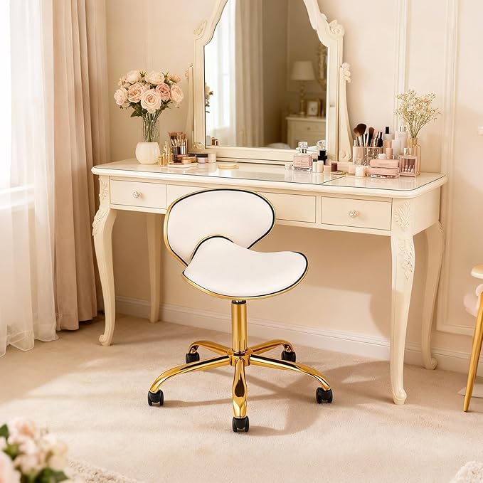 Adjustable Nail Tech Chair Rolling Stool with Backrest, Salon, Lash, Nail Tech and Hair Stylist, Massage Tattoo Facial Stool with Wheels-White