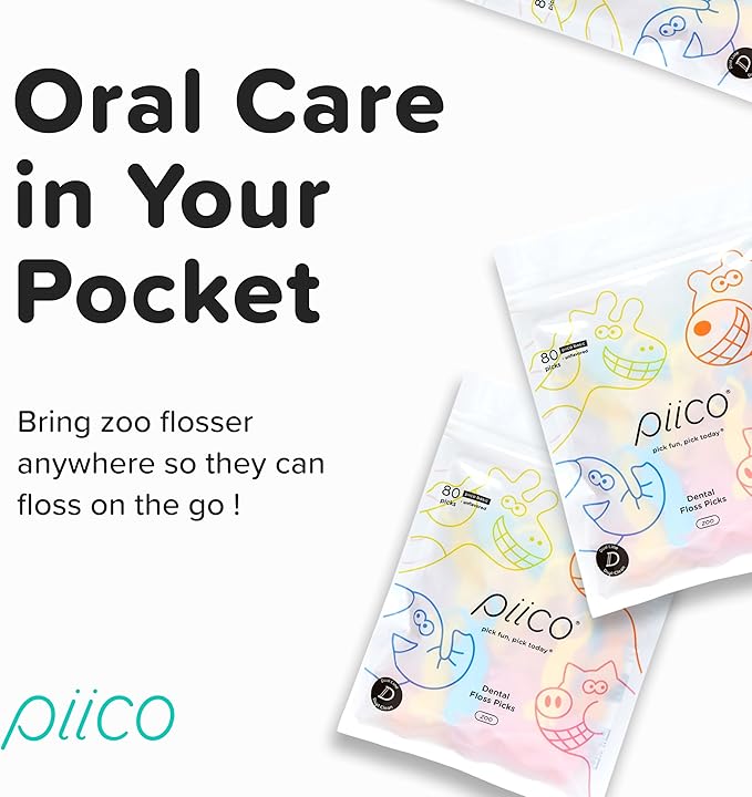 Piico Unflavored Kids Floss - No Fluoride Dual Line Dental Floss Picks - Fun Oral Care in Colorful Floss Sticks Design - Kids Flossers Prevent Tooth Decay & Gum Disease - 150 Homebox Zoo & Travel Case
