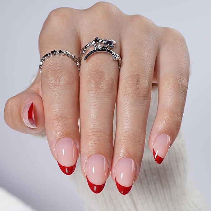 French Tip Press on Nails, Short Press on Nails Almond Reusable Glossy Red Nails Soft Gel False Nails Press ons for Women, 16 Sizes 32 Count Nails Kit with Glue (SV-12)