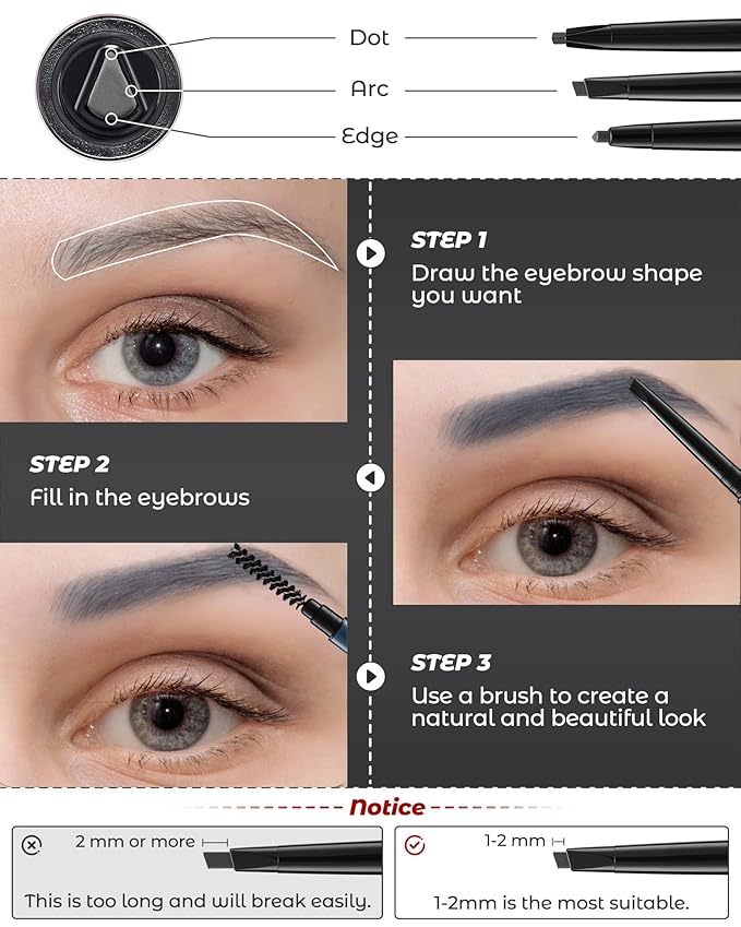 6Pcs Microblading Eyebrow Pencils Grey Waterproof Eye Brow Pencil w/Eye Brow Razor & Scissors Kit 0.5mm Ultra-Fine Tip Creates Hair-Like Strokes for Women Effortless Natural Brows