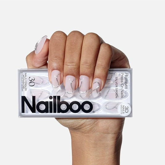 Nailboo Press On Nails, Salon-Quality Reusable Fake Nails for Fast DIY Manicure with Strong Hold Nail Glue for Press Ons, Nail File, & Alcohol Prep Pads, Silver Spoon