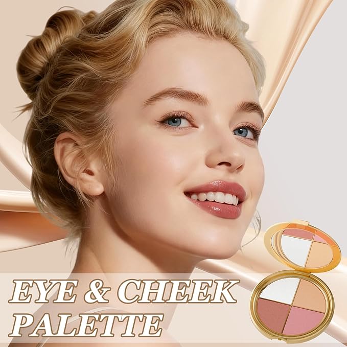 Eye & Cheek Palette - Eyeshadow and Highlighter Makeup, Face Highlighter Palette for Women, Multitasking Blush, Highlighting Eye & Cheek Palette, 4-In-1Makeup Palettes Kit, Natural Glow Contour Powder
