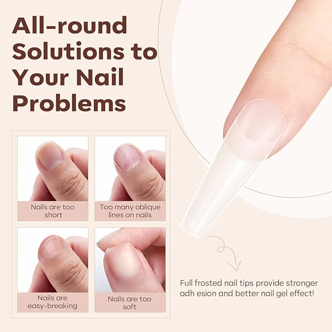 Modelones Long Coffin Nail Tips Fake Nails Gel Tips Full Matte Cover More Friction for Acrylic Professional Extension Gel Manicure Art Design 10 Sizes