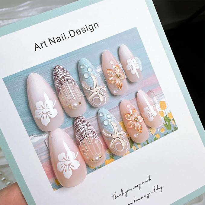 24 Pcs Summer Press on Nails Medium Almond Fake Nails with Pearl Gold Beads Designs 3D Starfish Flower Glue on Nails French Tip Acrylic Nails Beach False Nails Full Cover Stick on Nails for Women