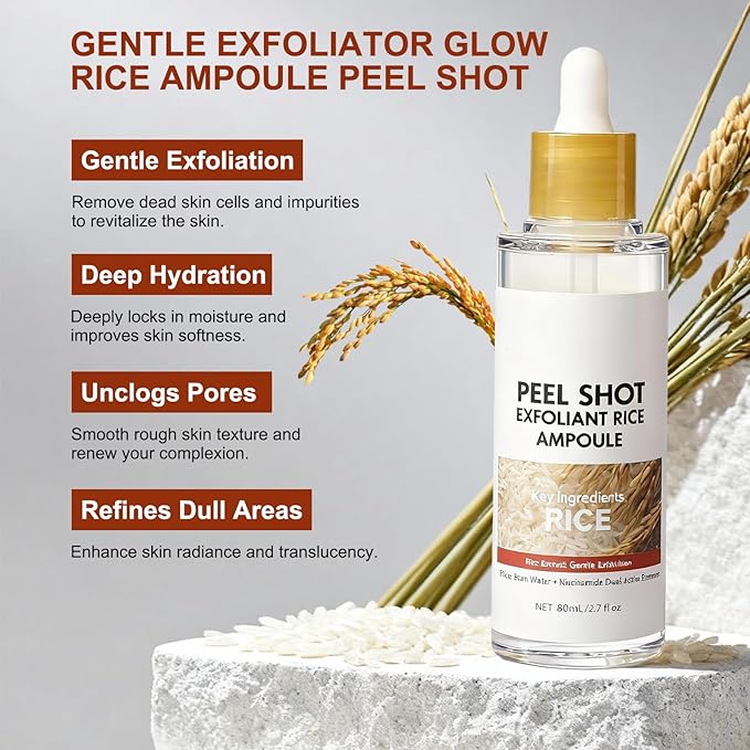 Peel Shot Glow White Rice Peeling Ampoule, White Rice Exfoliant for Face, Rice Peel Shot Minimizes Pores, Deeply Hydrating & Soothing, Gentle Scrub for All Skin Types, 80ml/2.7fl oz
