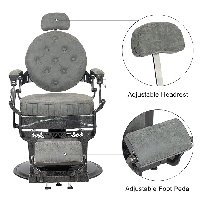 Winado Heavy Duty Vintage Recline Barber Chair Hydraulic with Headrest, Supports up to 700lbs & 360° Rotatable, Professional Salon Beauty Spa Shampoo Equipment (Grey - Button Style)