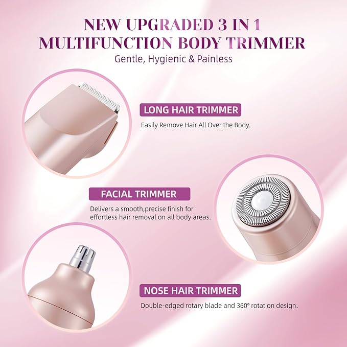 Bikini Trimmer for Women，3 in 1 Electric Razor with Ceramic Blades, IPX7 Waterproof, USB Rechargeable, Painless Hair Removal for Face，Body，Bikini Area, Travel Grooming Kit (Rose Gold)
