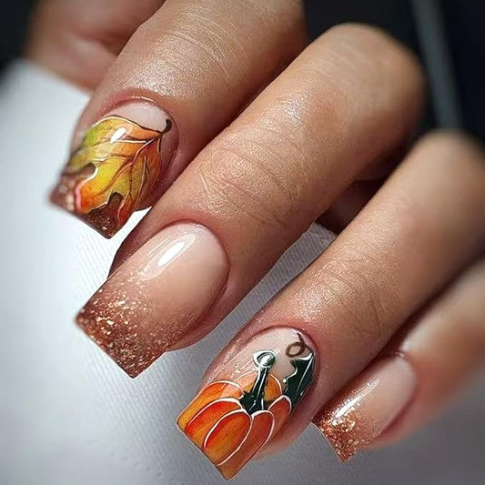 24Pcs Thanksgiving Press on Nails with Maple Leaf Pumpkin Designs Short Square Acrylic Fake Nails Gold Glitter False Nails Full Cover Stick on Fingernails Autumn Gel Glue on Nail for Women