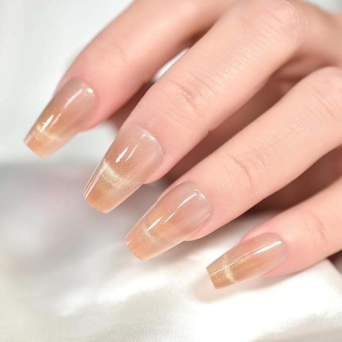 Shimmery Cat Eye Press On Nails Coffin Medium Length Nails Women Girls Gifts Shiny Salon Manicure Light Brown Nude Gel Nail Art Tips Fake Nails Reusable Acrylic False Nails Glue On Nails