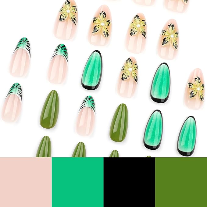3D Flower Press on Nails Green French Tips Fake Nails Medium Almond False Nails Tropical Flowers Ombre Stick on Nails 3D Yellow Flowers Floral Design False Nails Glue on Nails for Women Girls 24Pcs