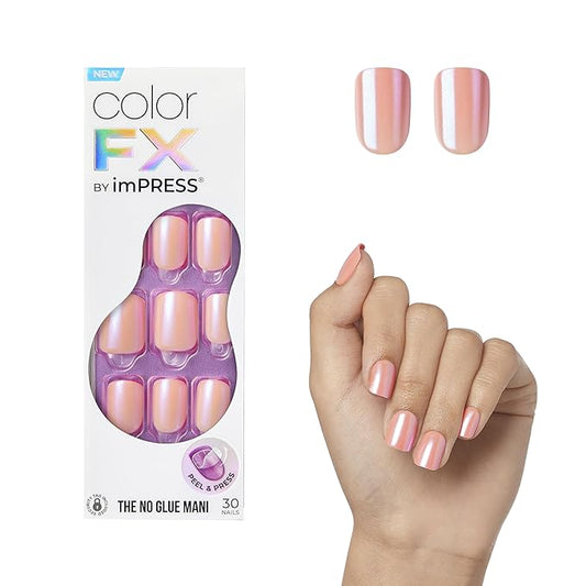 KISS imPRESS No Glue Mani Press On Nails, Color FX, 'Satellite', Light Pink, Short Size, Squoval Shape, Includes 30 Nails, Prep Pad, Instructions Sheet, 1 Manicure Stick, 1 Mini File