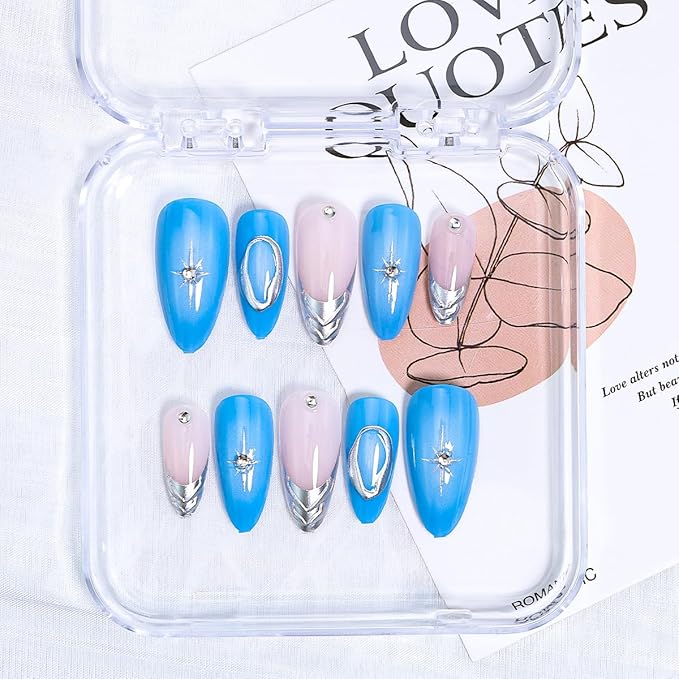 24Pcs Silver French Tip Press on Nails Medium Almond Fake Nails 3D Metallic Design Chrome Glue on Nails Y2k Star Acrylic Nails Gradient Blue Full Cover False Nails for Women Almond Artificial Nails