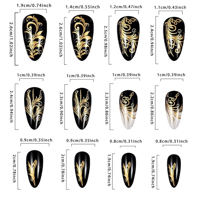 Gold Leaves Press on Nails White French Gel Glue on Fingernails Curve Line Medium Almond False Nail 24Pcs Glossy Silver Glitter Stick on Nail Acrylic Full Cover Fake Nails for Holiday Manicure Art