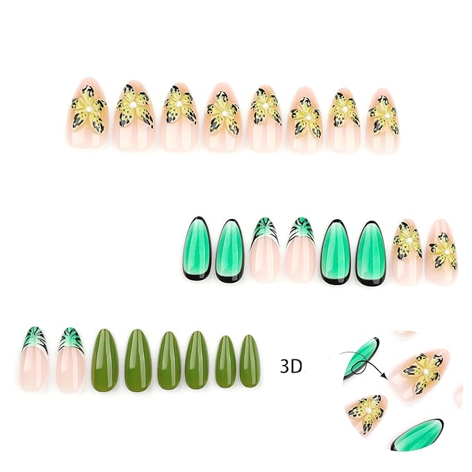 3D Flower Press on Nails Green French Tips Fake Nails Medium Almond False Nails Tropical Flowers Ombre Stick on Nails 3D Yellow Flowers Floral Design False Nails Glue on Nails for Women Girls 24Pcs