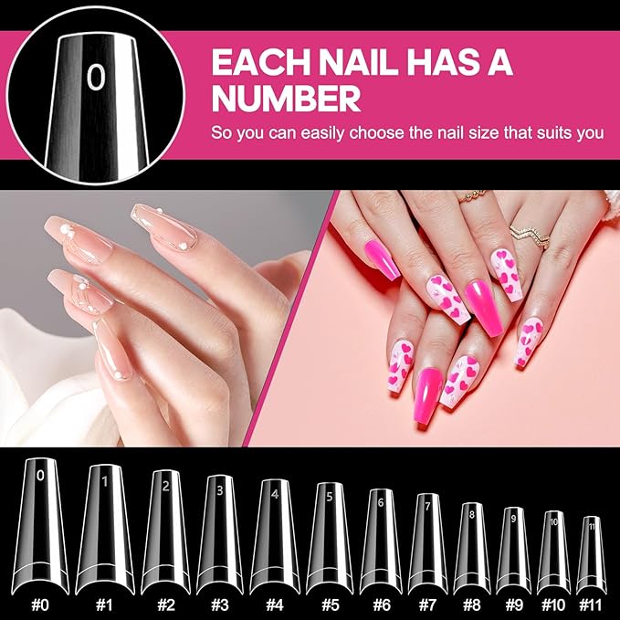 krofaue 1200PCS Coffin Nail Tips - Half Cover Nail Tips 12 Size False Nail Tips for Acrylic Nails Professional Manicure with Box for Artificial Fake Nail Tip Art Salon Home (Clear & Natural)