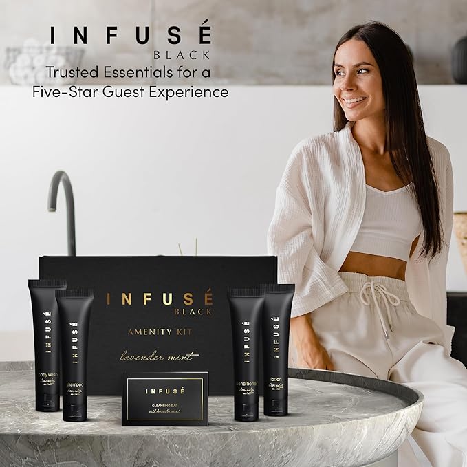 Infuse Black Amenity Kit | Hotel Bulk Toiletries | 1 oz Shampoo, Conditioner, Lotion, Body Wash, Cleansing Bar Soap for Guest Hospitality Vacation Rentals | 1 Set/Case