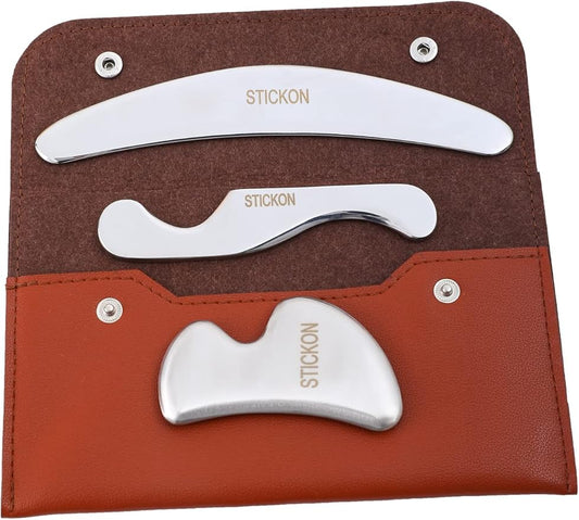 STICKON Stainless Steel Gua Sha 3 in 1 Muscle Scraper Tool Set, Guasha Kit Scraping Massage Tools IASTM Tools for Physical Therapy, Relieve Muscle Pain and Tension(STICKON-37)