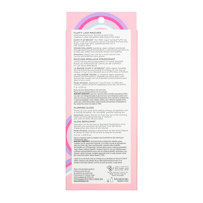 Pacifica Beauty Vegan Collagen Lash and Lip Kit Set, Makeup, Fluffy Lash Mascara, Long Lasting, Black Volumizing Mascara, Lip Gloss, Lip Serum, Lip Plumping, 0.24 fl oz and 0.19 fl oz (Set of 2)