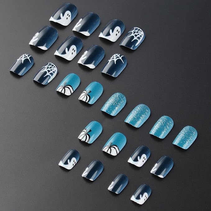 24Pcs Blue Glitter Press on Nails Short Square Halloween Fake Nails Glossy White Ghost Pumpkin Acrylic False Nails Spider Web Stick on Fingernails Gel Glue on Nail Holiday Manicure for Women