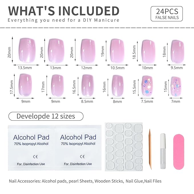 Medium Squoval Press On Nails with Cat Eye Base – Nude Pink Acrylic Fake Nails, 24PCS Glitter Glossy Stick On Nail Kit, Reusable False Nails with Adhesive & Tools for Women