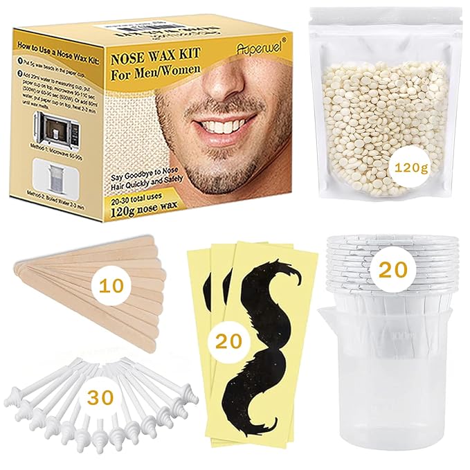 Nose Wax Kit Men and Women with 30 Applicators (20-30 Uses), Nose Hair Wax Kit for Nose & Ear Hair Removal, Painless & Fast, Long-Lasting Results Up to 5 Weeks (120g Nose Wax)