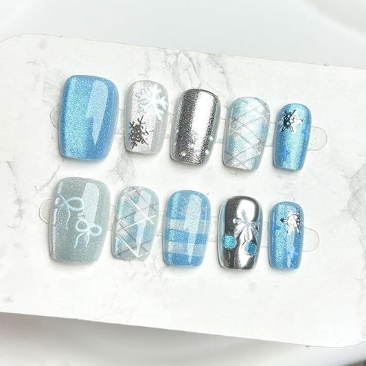 Blue Snowflake Press on Nails Short Fake Nails Square Glitter False Nail with Bow Cherry Checkered Designs Silver Acrylic Artificial Nails Full Cover Winter Snowflake Glue on Nails for Women, 30Pcs