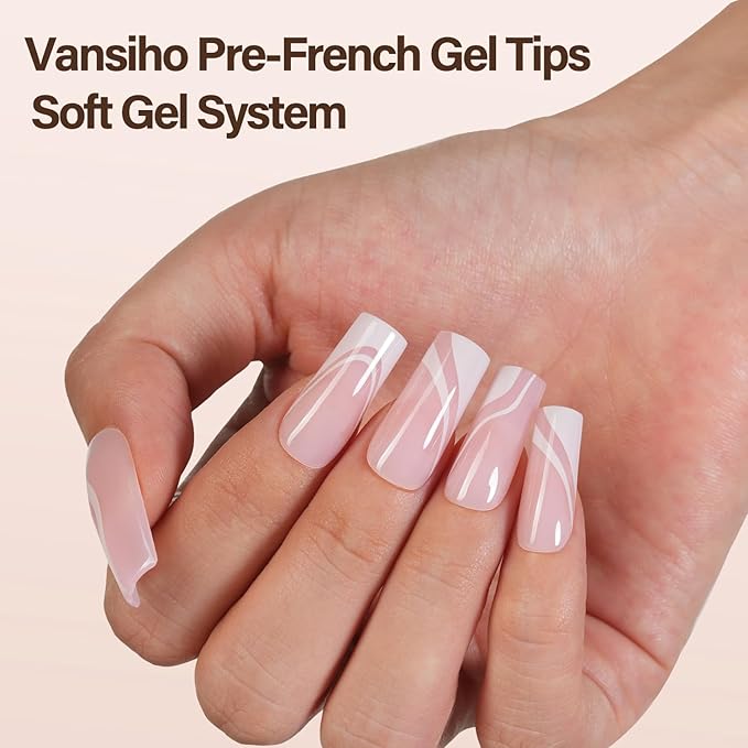 150Pcs French Gel Nail tips - Vansiho French Tip Press on Nails, Long Square Nail Tips, 5 Styles Swirl Nail Tips Pink, Soft Gel Nails False Nail for Nail Art DIY 15 Sizes