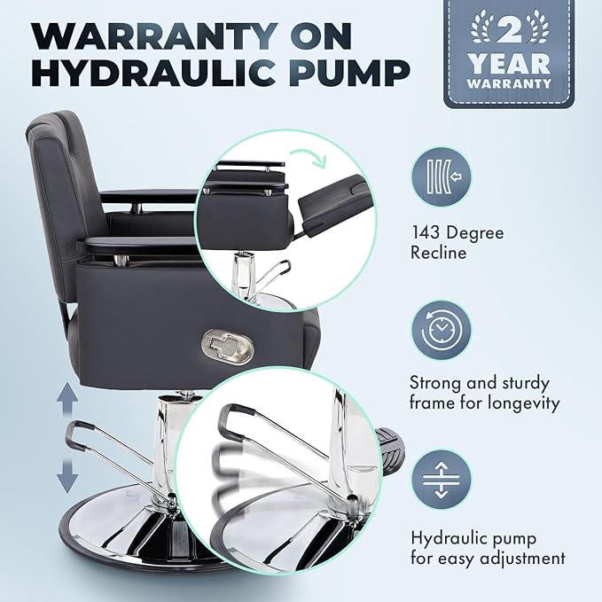 Buy-Rite Carlton Reclining All-Purpose Salon Chair - Professional Hydraulic Styling Chair for Hair, Barber, Shampoo, Threading, Waxing - Adjustable Headrest, 550 lb Lift, Black, YLG-166