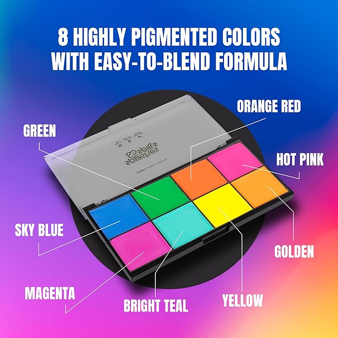 Professional Face Painting Kit - Skin Friendly Face Paint Kit - Cruelty-Free & Vegan Water Based Face Paint Makeup for Theatre, SFX and Halloween- 8 Colors 5g Each - Splashes & Spills (Neon Colors)