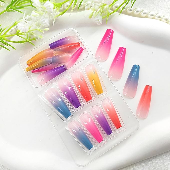 Coffin Press on Nails Long Colorful Fake Nails French Tip Nails Press ons with Color Gradient Design Extra Long Glue on Nails Glossy Acrylic Artificial False Nails for Girls 24Pcs