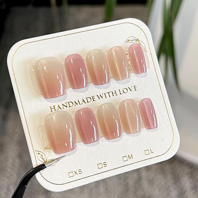 Nude Pink Glossy Press On Nails Short Square - 10PCS Fake Nails with Nail Kit, Reusable Stick On Nails with Glue Tabs for Women Girls, Natural Look Artificial Nails for Daily Wear