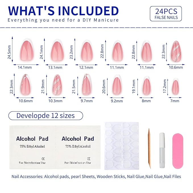 French Press On Nails Short Almond, Nude Fake Nails with White French Tip and Minimalist Gold Line Design, Glossy Gel Finish Acrylic Nails, Natural Reusable Glue On Nails Kit for Women, Luxe Line