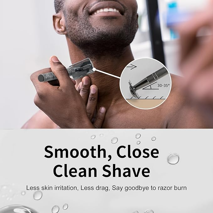 Gun Black Safety Razor, Single Blade Razors for Men & Women, with 10 Stainless Steel Double Edge Blades, Reusable Metal Razor, 1 Blade Razors, Eco-Friendly, Smooth and Close Shave, Plastic Free