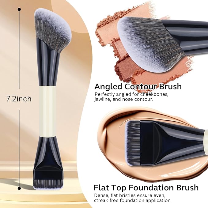 Dual-Ended Makeup Brush,Flat Top Foundation & Angled Contour Brush for Flawless Blending, Smooth Coverage & Effortless Contouring, Ideal for Foundation, Blush, Bronzer & Powder (White)