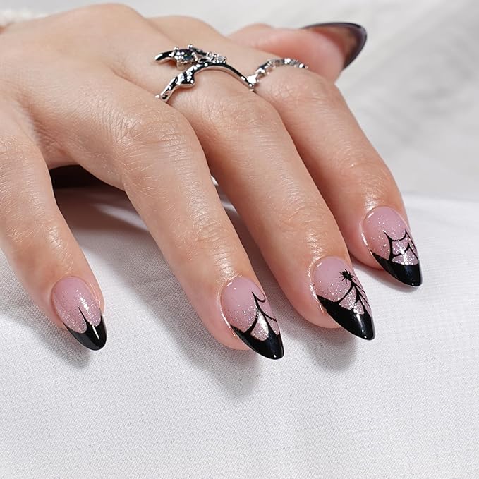 Halloween Press on Nails - Glossy Black French Tip Press on Nail, Short Almond Fake Nails Reusable Nails Press ons for Women, 32 Pieces in 16 Sizes False Nails Kit with Glue, Dark Veil