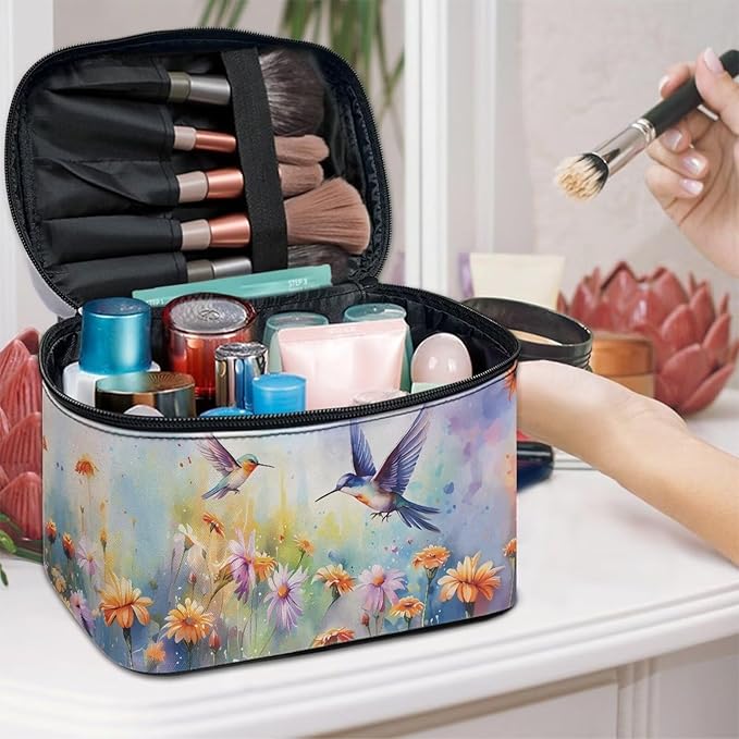 Hummingbird Vibrant Floral Pattern Travel Makeup Bag for Women Large Capacity Cosmetic Bag with Zipper and Handle Portable Toiletry Bag Make Up Organizers