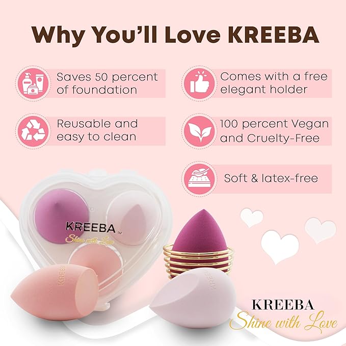 3 Pcs Makeup Sponges – Heart-Shaped Travel Box for Daily Use | Bonus Gold Drying Stand Included, Latex-Free Vegan Beauty Blenders