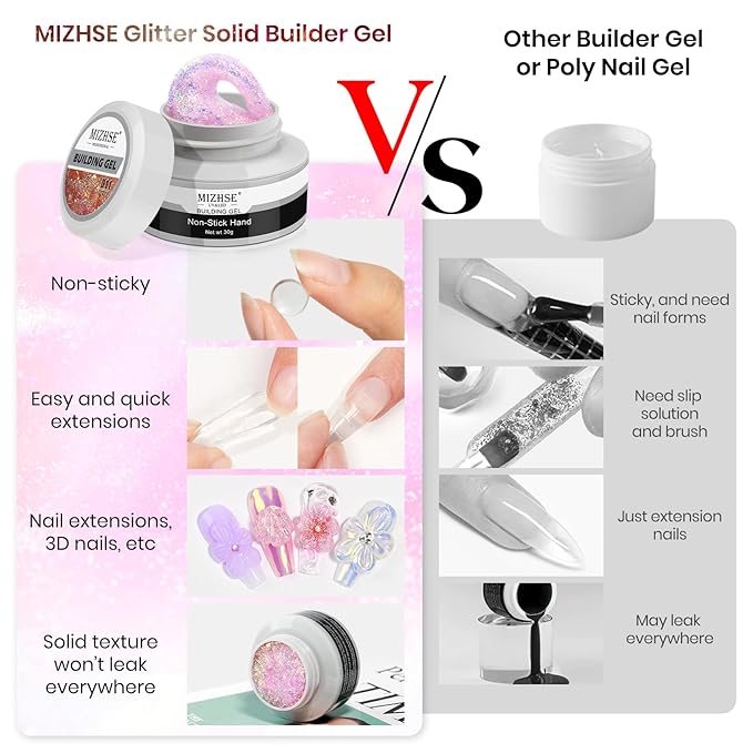 MIZHSE 2PCS Solid Builder Gel for Nails: 30g/1oz Clear & Pink Glitter Hard Gels for Nails 3D Gel with Dual Forms 3D Silicone Mold Soak off U V Builder Gels for Nail Art Manicure Home DIY
