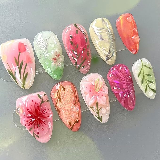 24pcs Colorful Flowers Press on Nails Medium Almond Fake Nails Art Summer False Nails with Flower Butterfly Design Almond Nails Glossy Full Cover Acrylic Artificial Nail Fingernails for Women