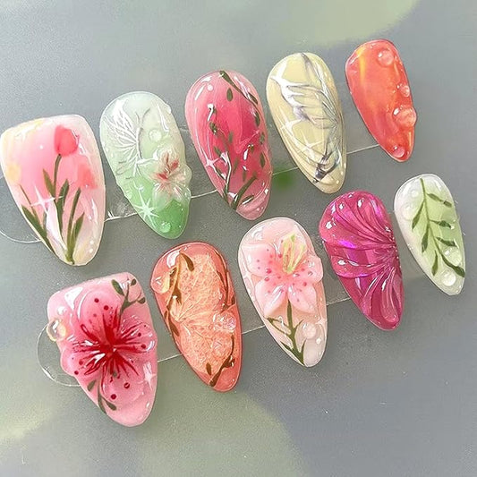 24pcs Colorful Flowers Press on Nails Medium Almond Fake Nails Art Summer False Nails with Flower Butterfly Design Almond Nails Glossy Full Cover Acrylic Artificial Nail Fingernails for Women