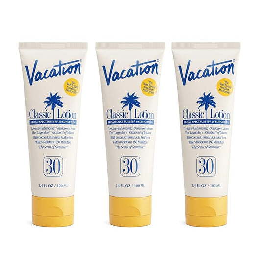 Vacation Classic Sunscreen Lotion SPF 30, Water-Resistant, Lightweight, Transparent on All Skin Tones, Dermatologist-Tested, Vegan, Travel Size, 3.4 Fl. Oz. (Value Pack of 3)