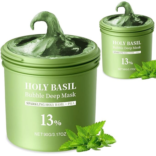 Holy Basil Bubble Deep Mask – Holy Basil & Carbonated Water for Cleansing Pores & Blackheads, Korean Clay to Bubble Wash-Off Pack (90g / 3.17 oz) (2P)