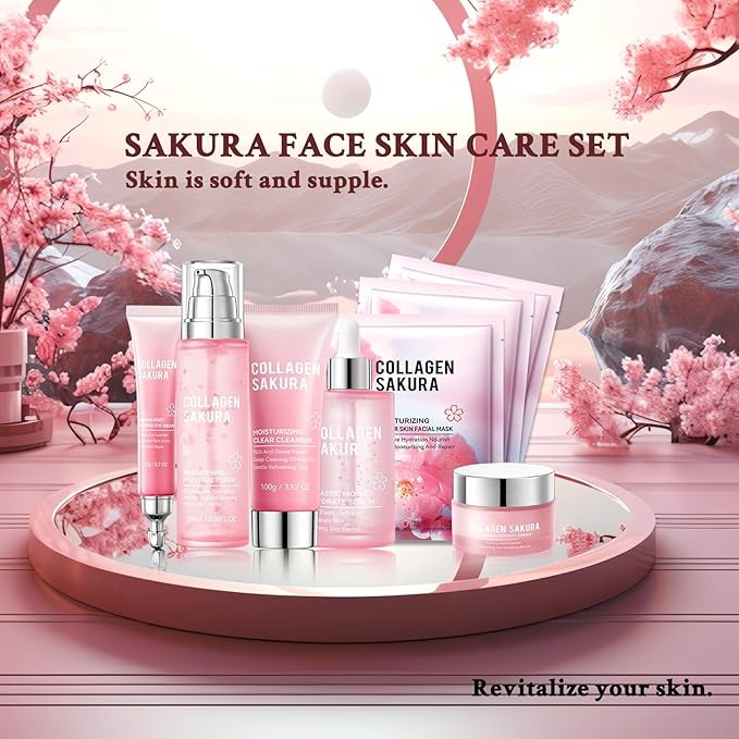 8PCS Sakura Skin Care Set,Moisturizing Skincare Kit with Face Cleanser,Facial Cream,Toner,Facial Serum,Face Masks and Eye Cream,Refreshing Hydrating Skin Care Gift Set for Women