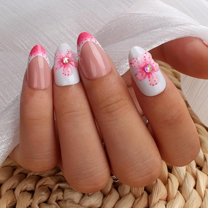 3D Flower Press On Nails Short Almond – 24PCS Pink French Fake Nails with Rhinestones, Glossy White Acrylic Stick On Nails with Glue Kit, Elegant Floral Reusable Nails for Women & Girls