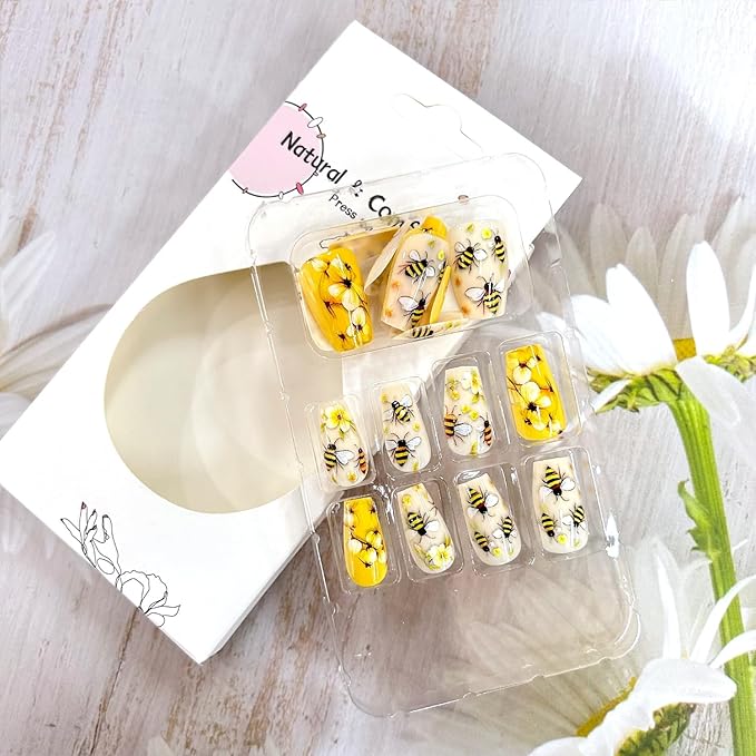 Press on Nails Medium Length Cute Bee Pattern Design Artificial False Nail Full Cover Flower Stick on Nails Press Ons with Design Ballet Shaped Acrylic Glossy Glue on Nailc for Women 24Pcs